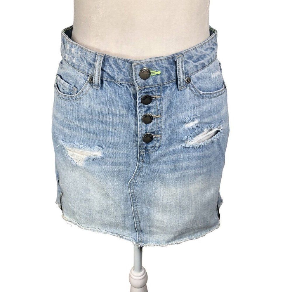 Vintage Bongo Denim Mini Skirt 1 Distressed Button Fly Neon Stitching